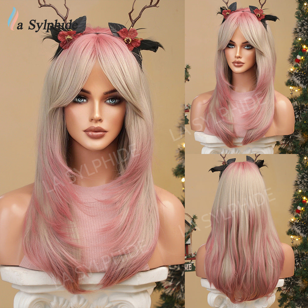 Bangs Mid-length Texture Hair Intellectual Female Mechanism Golden Synthetic Wigs Long Straight Wig