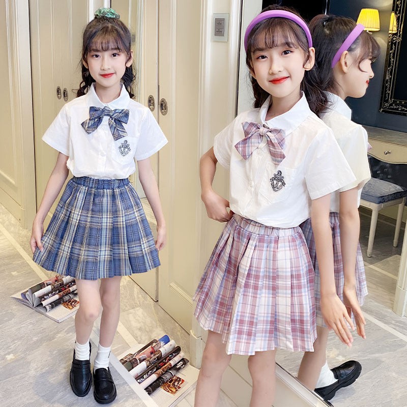 Children's Uniform Skirt Summer Preppy Style Bow Pleated Two-piece Children's Suit