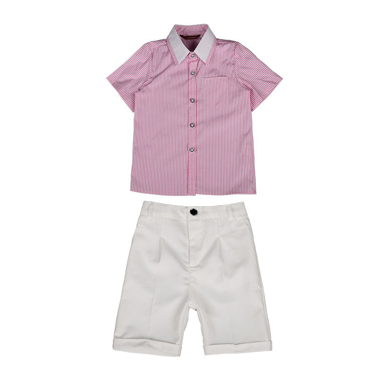Children's Spring Boy's Korean Style Striped Short-sleeved Suspender Pants Piano Host Children's Suit