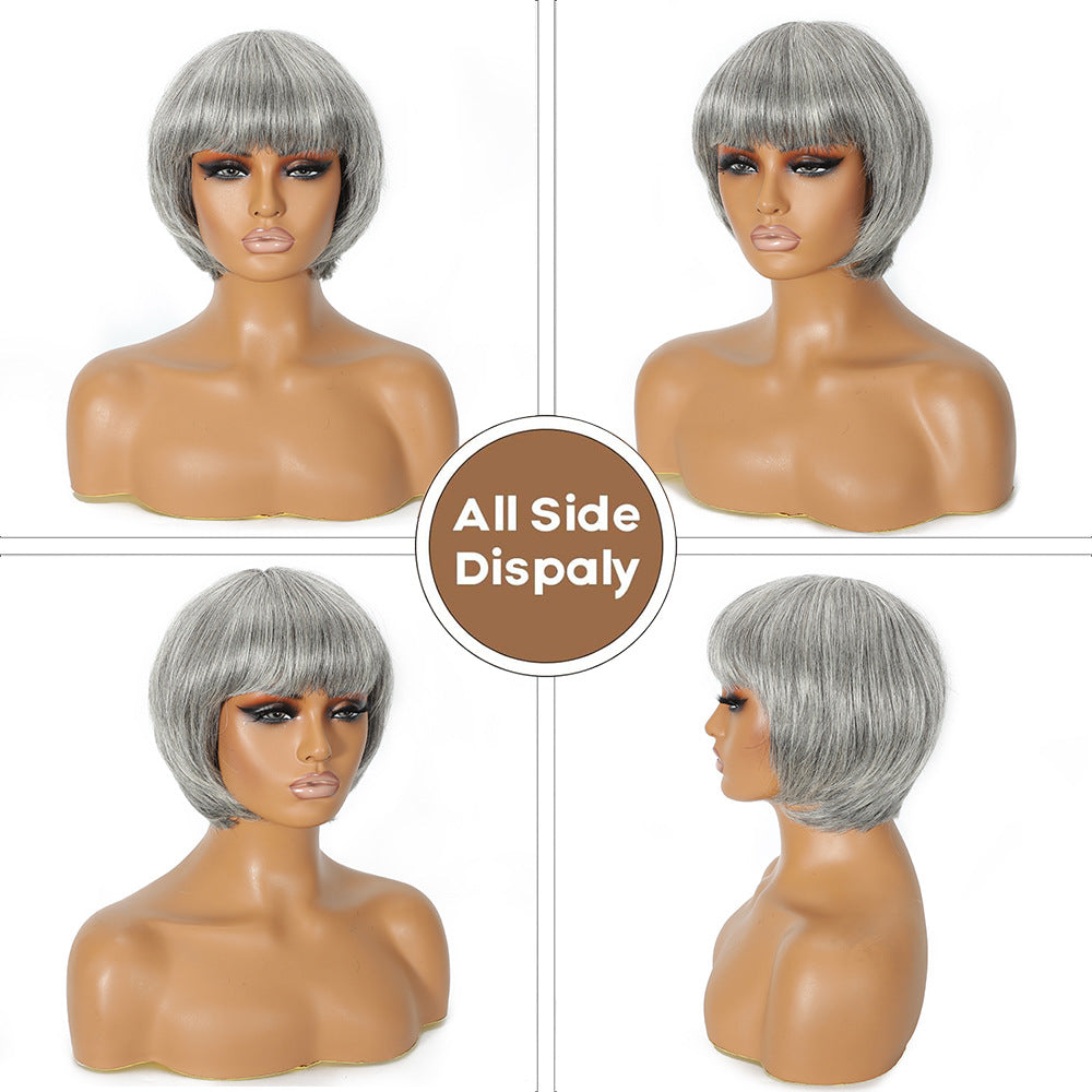 Mechanism Short Dark Gray Light Granny Grey Real Hair Wig