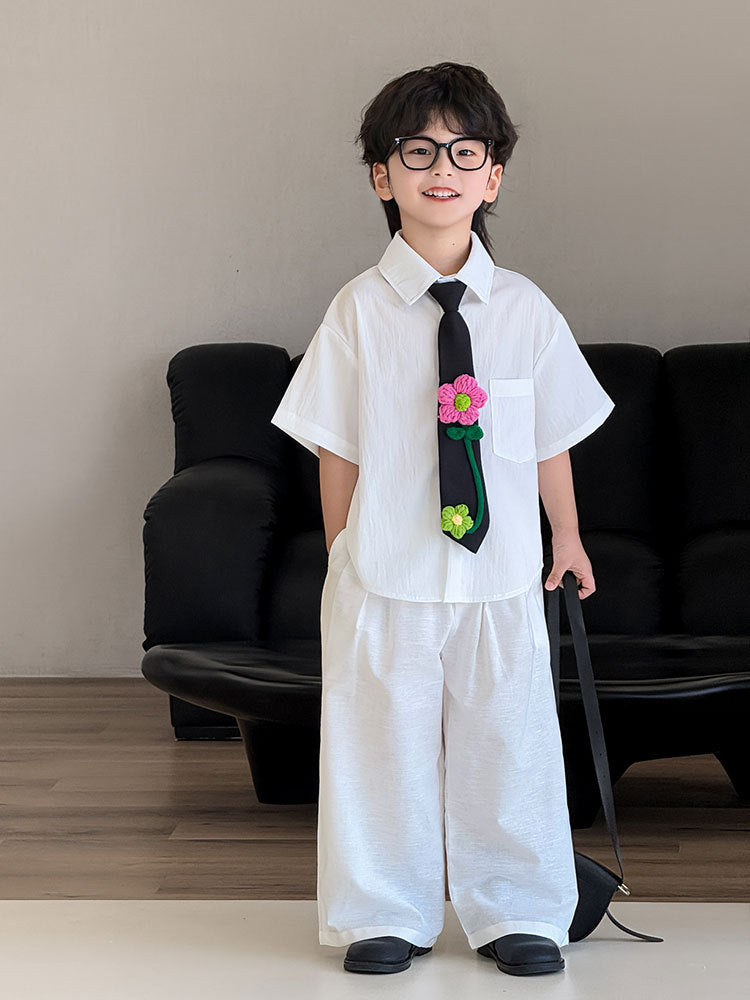 Children's Summer Korean Style Short Sleeve Western Solid Color Children's Shirt