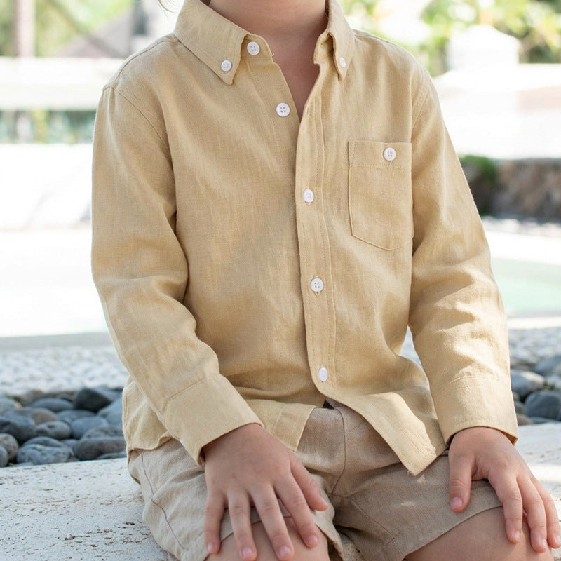 Children's Linen Boys Long Sleeve Polo Collar Top Dry Breathable College Children's Shirt