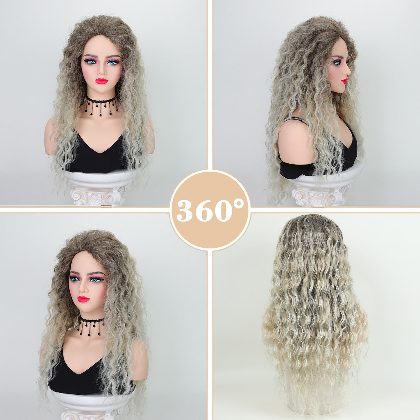 African Small Curly Hair Synthetic Wigs Gray Gold Partial Head Wig Long Curls