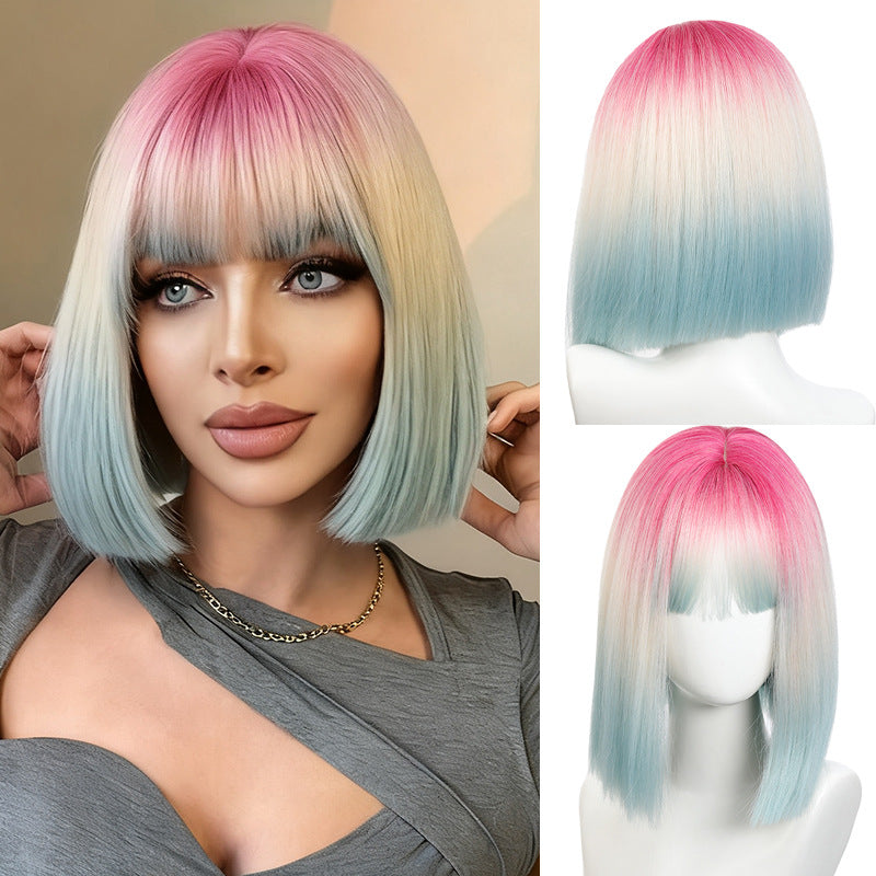 Women's Gradient Rainbow Color Full Top Collarbone Length Wig Short Straight Hair