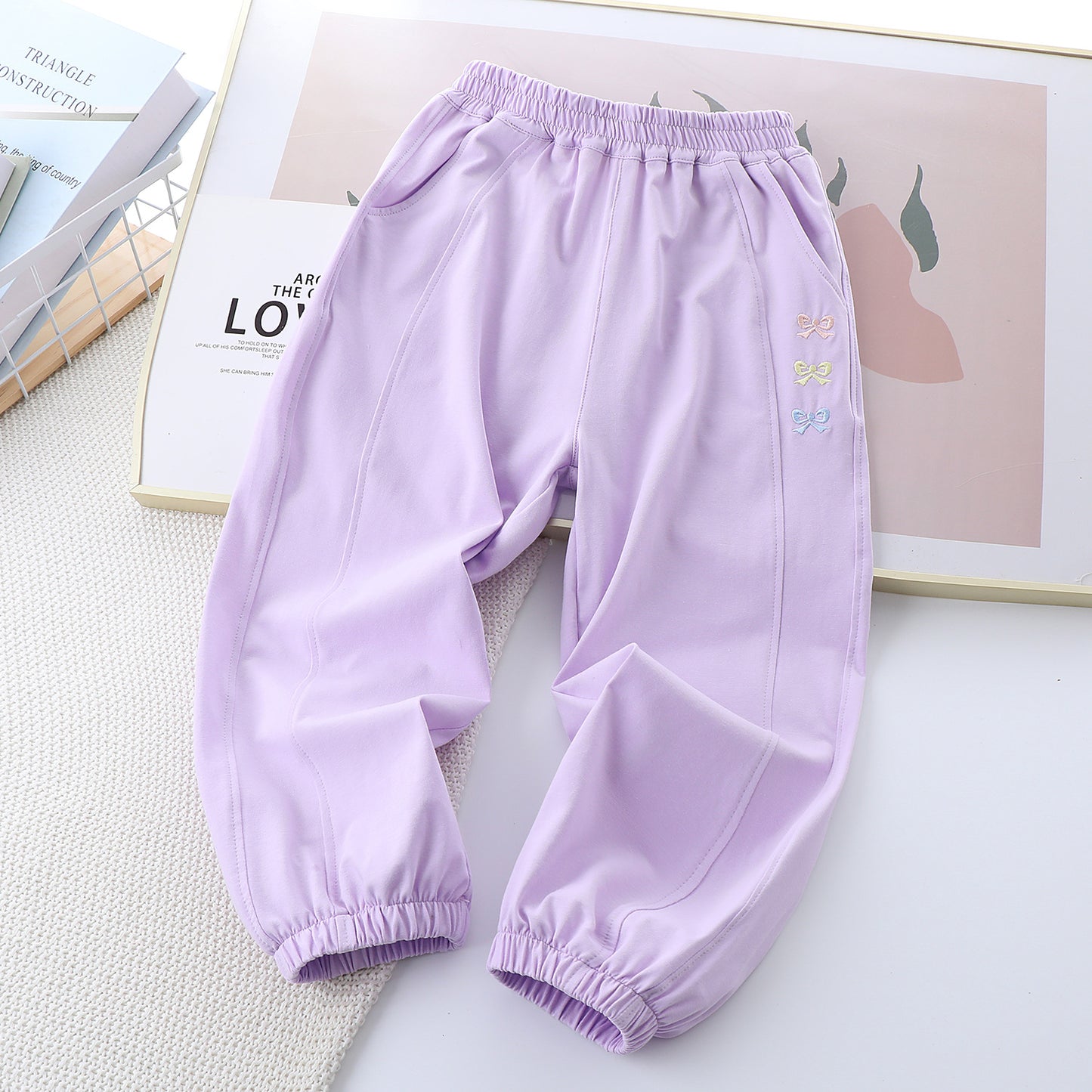 Children's Embroidery Bowknot Casual Korean Style Thin Children's Pants