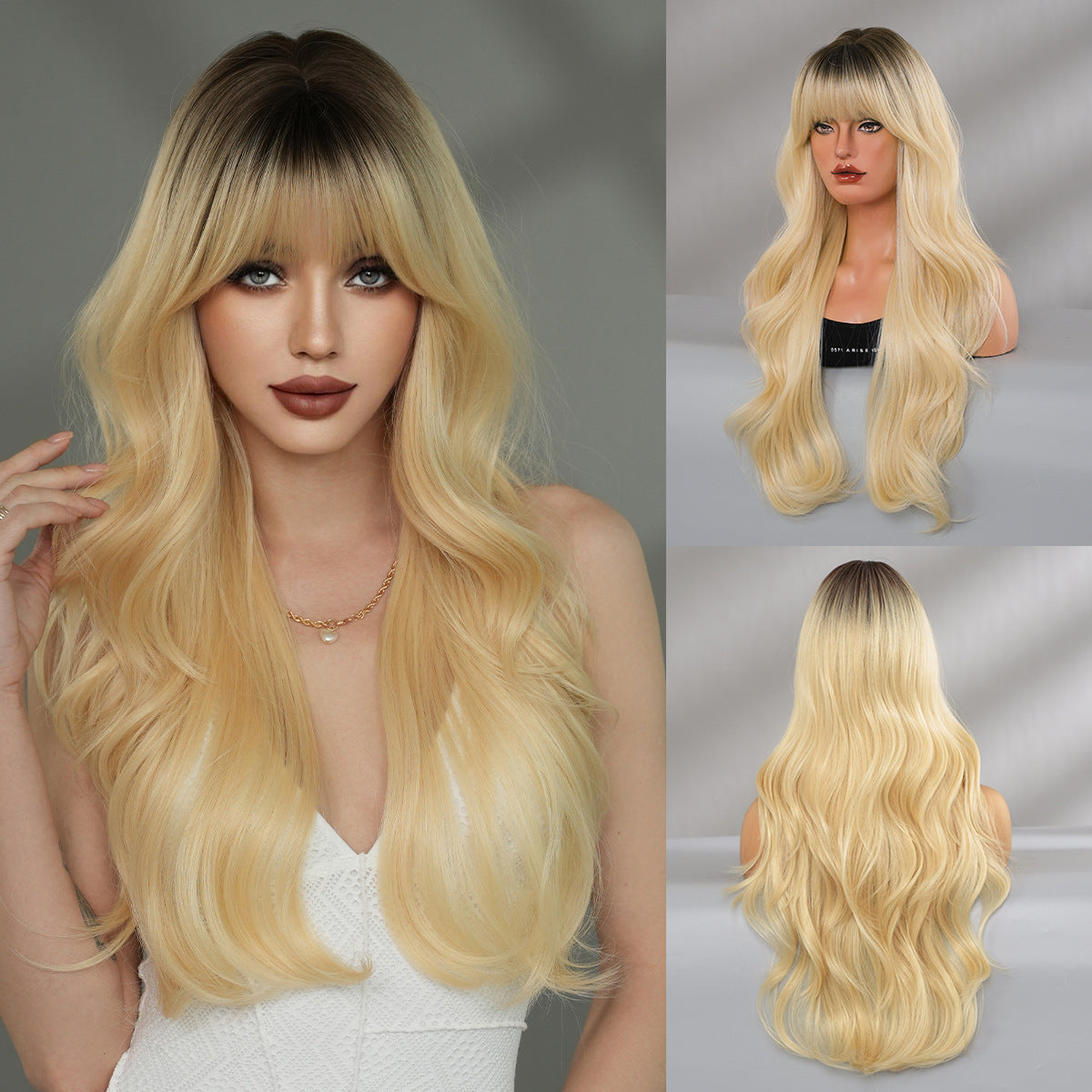 Curly Hair Bangs Big Wave Head Cover Rose Net Chemical Wig Long Curls