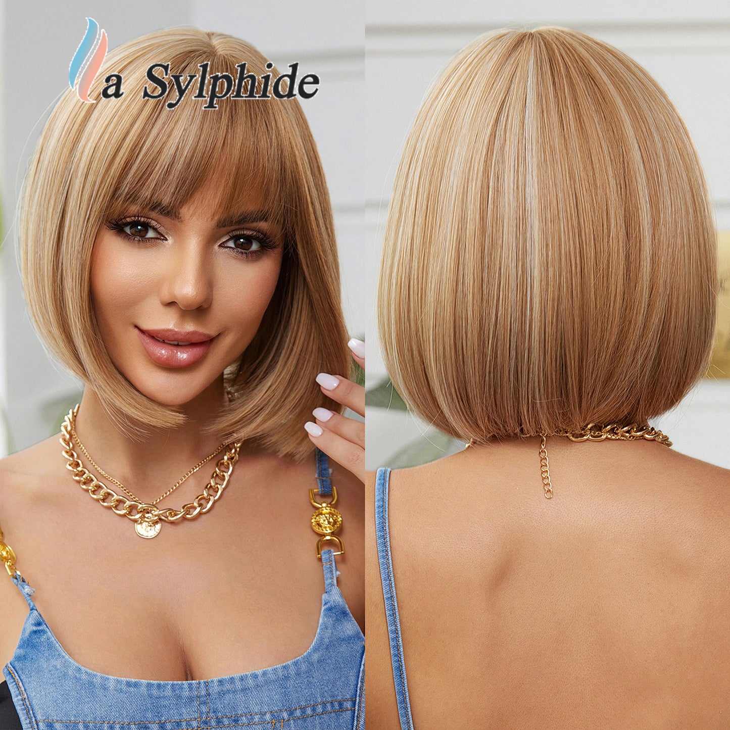 Women's Head Cut Pink Bangs Universal Halloween Wig Short Straight Hair