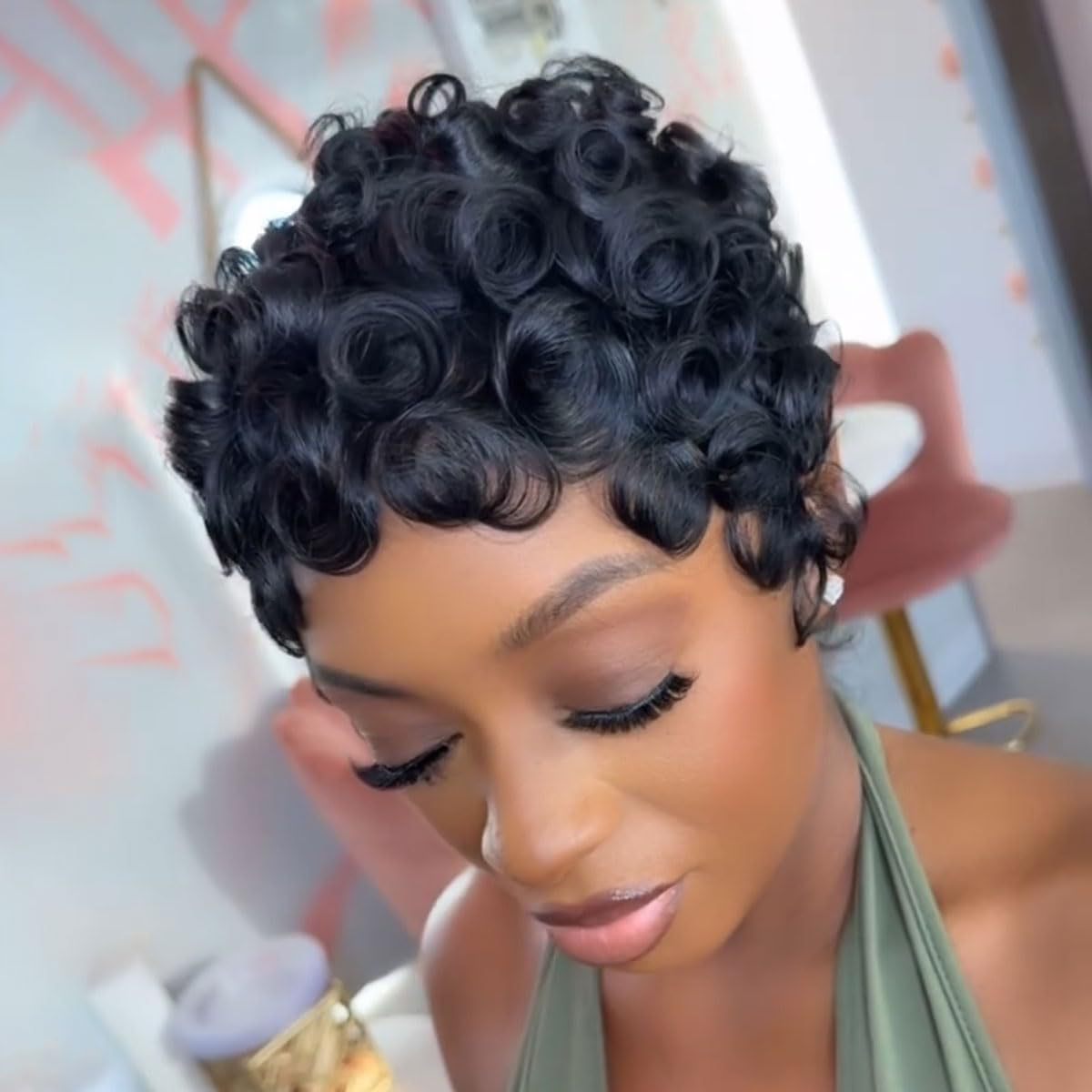 Women's African Small Black Elf Fiber Wig Short Curly Hair