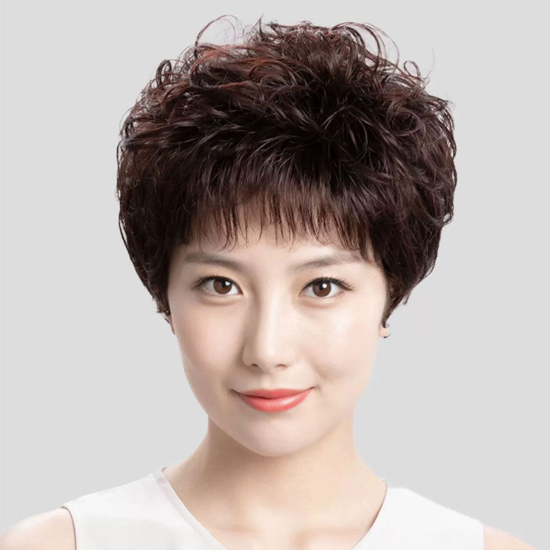 Women's Short Full Head Lady Mom Natural Breathable Curly Real Hair Wig