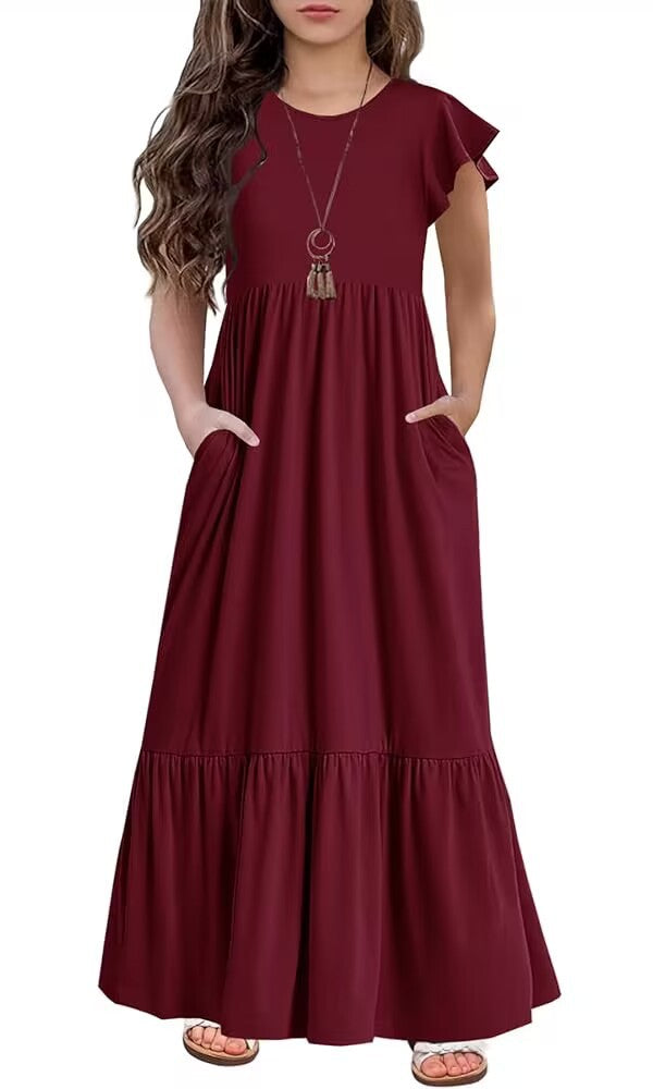 Crew Neck Casual Elegant Layered Super Long Children's Dress