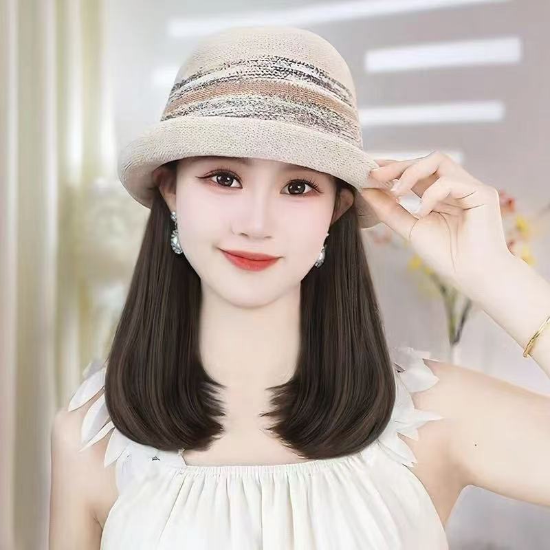 Hat One-piece Billycock Collarbone Length Haircut Inner Deduction Age Reduction Wig Short Straight Hair