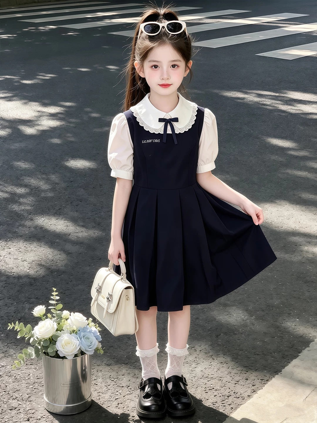 Summer Sweet Teens Short Sleeve Doll Collar Fake Two-piece Skirts Children's Dress