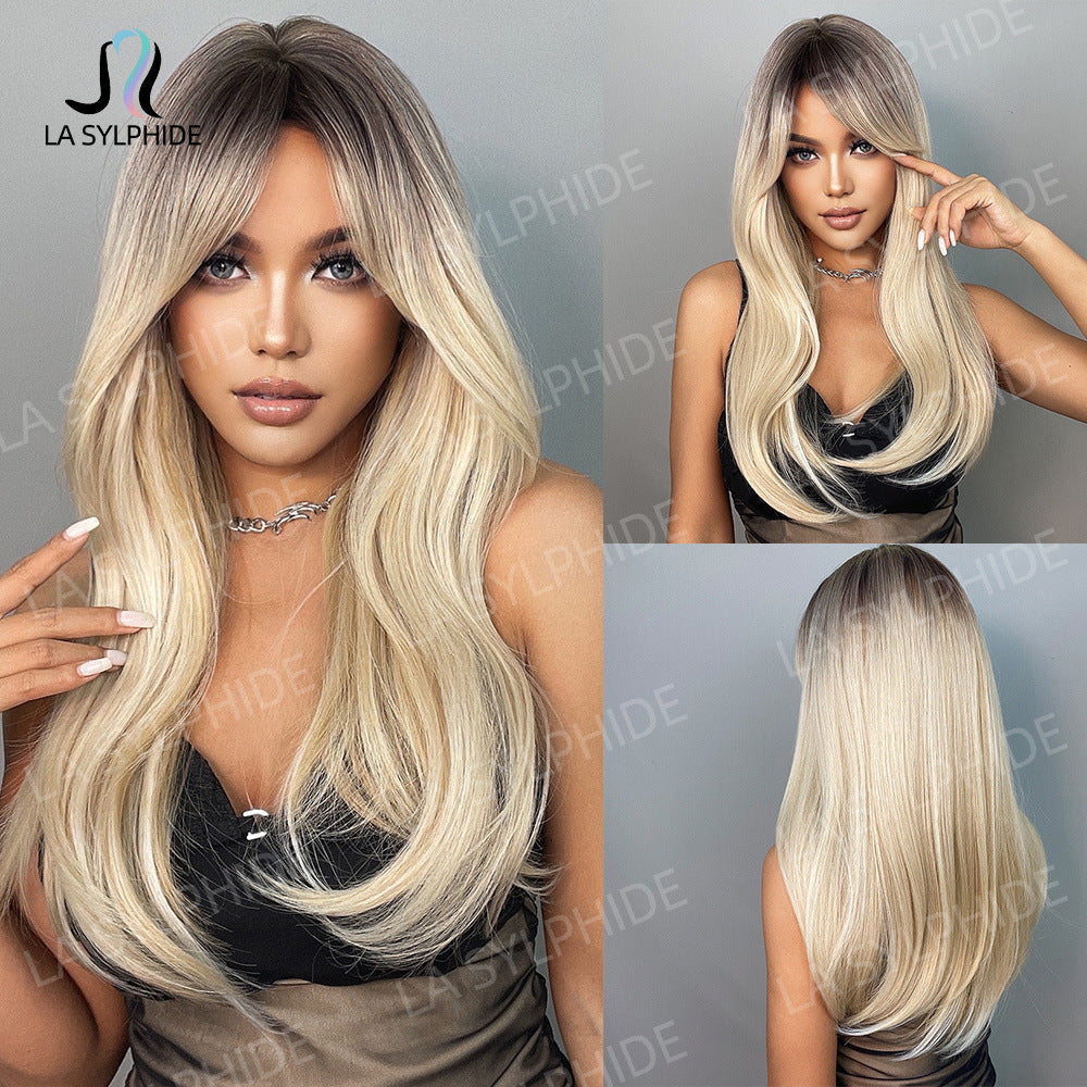 Hair Seam Gradient Golden Partial Rose Net Head Cover Chemical Long Straight Wig