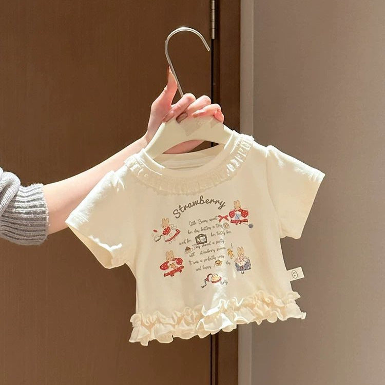 Women's Sweet Cute Cartoon Printed White Short-sleeved Ruffled Wooden Ear Children's T-shirt