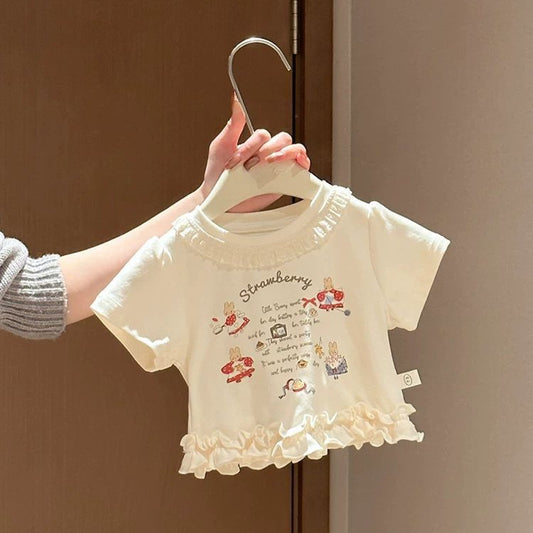 Women's Sweet Cute Cartoon Printed White Short-sleeved Ruffled Wooden Ear Children's T-shirt