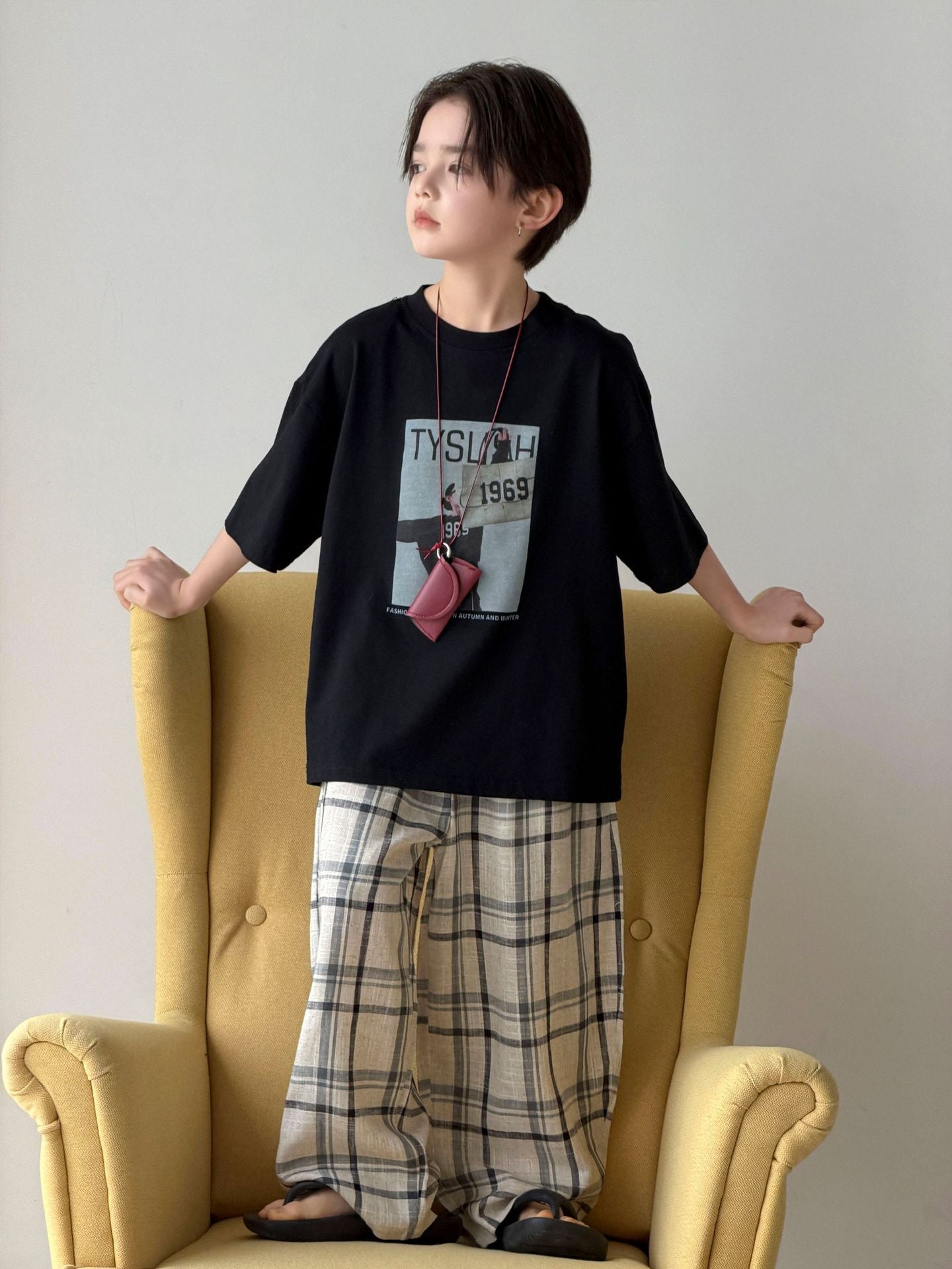 Children's Summer Cotton Linen Plaid Trousers Lightweight Loose Children's Pants