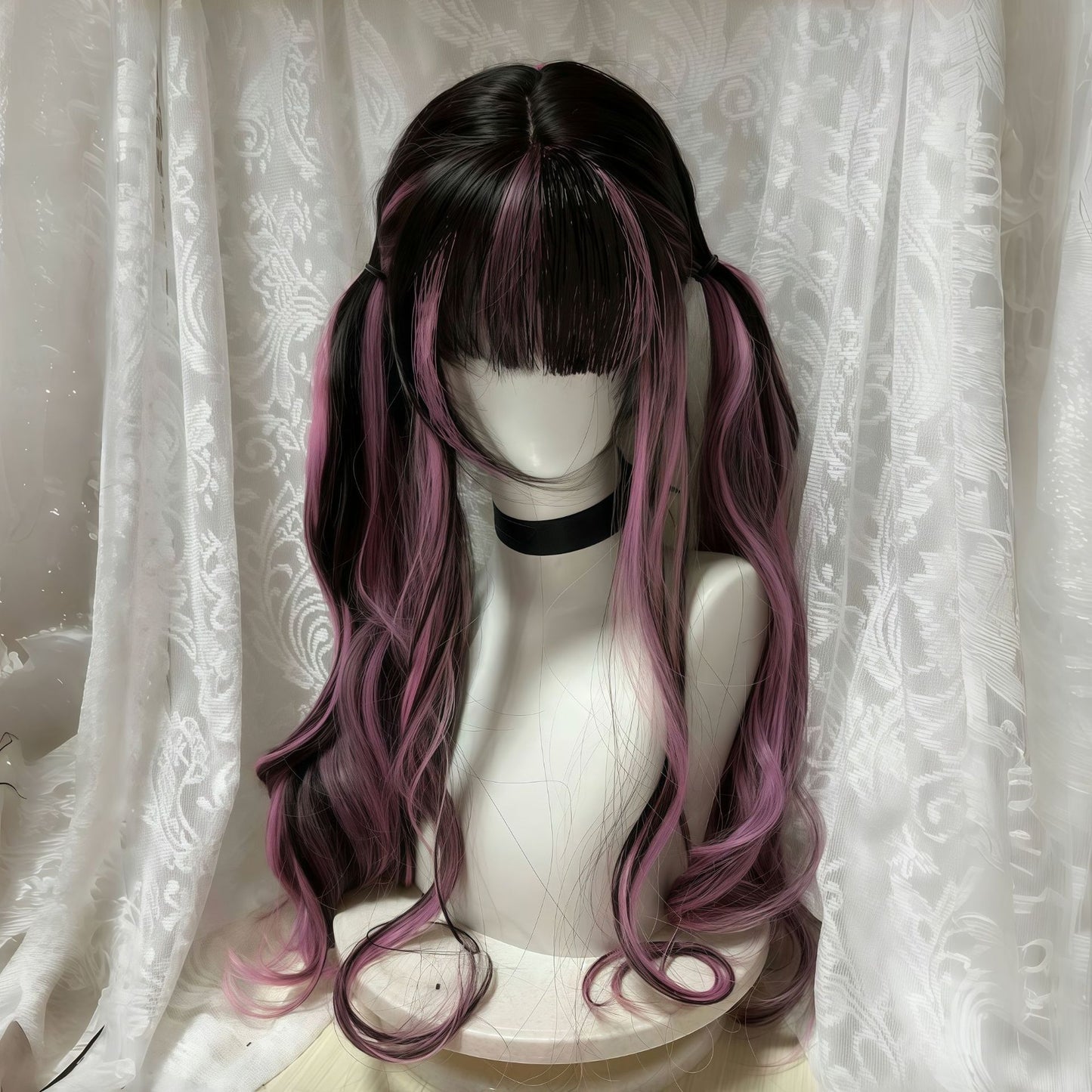 Dyed Double Ponytail Female Roman Roll Lace Curly Hair Bangs Wig Long Curls