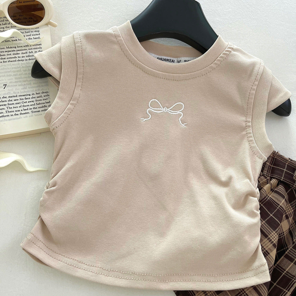 Thin Plaid Bow Irregular Skirt Two-piece Children's Suit
