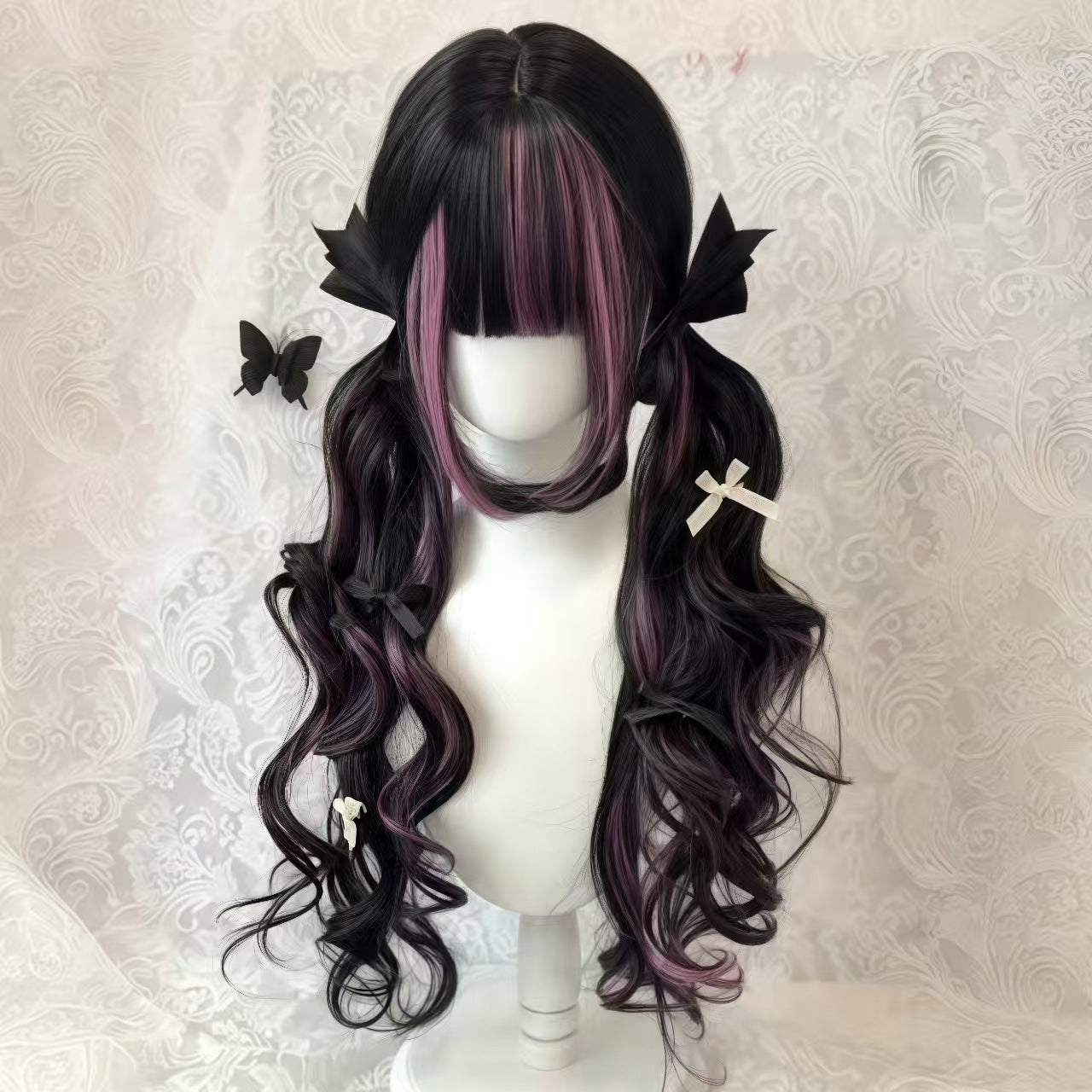 Dyed Double Ponytail Female Roman Roll Lace Curly Hair Bangs Wig Long Curls