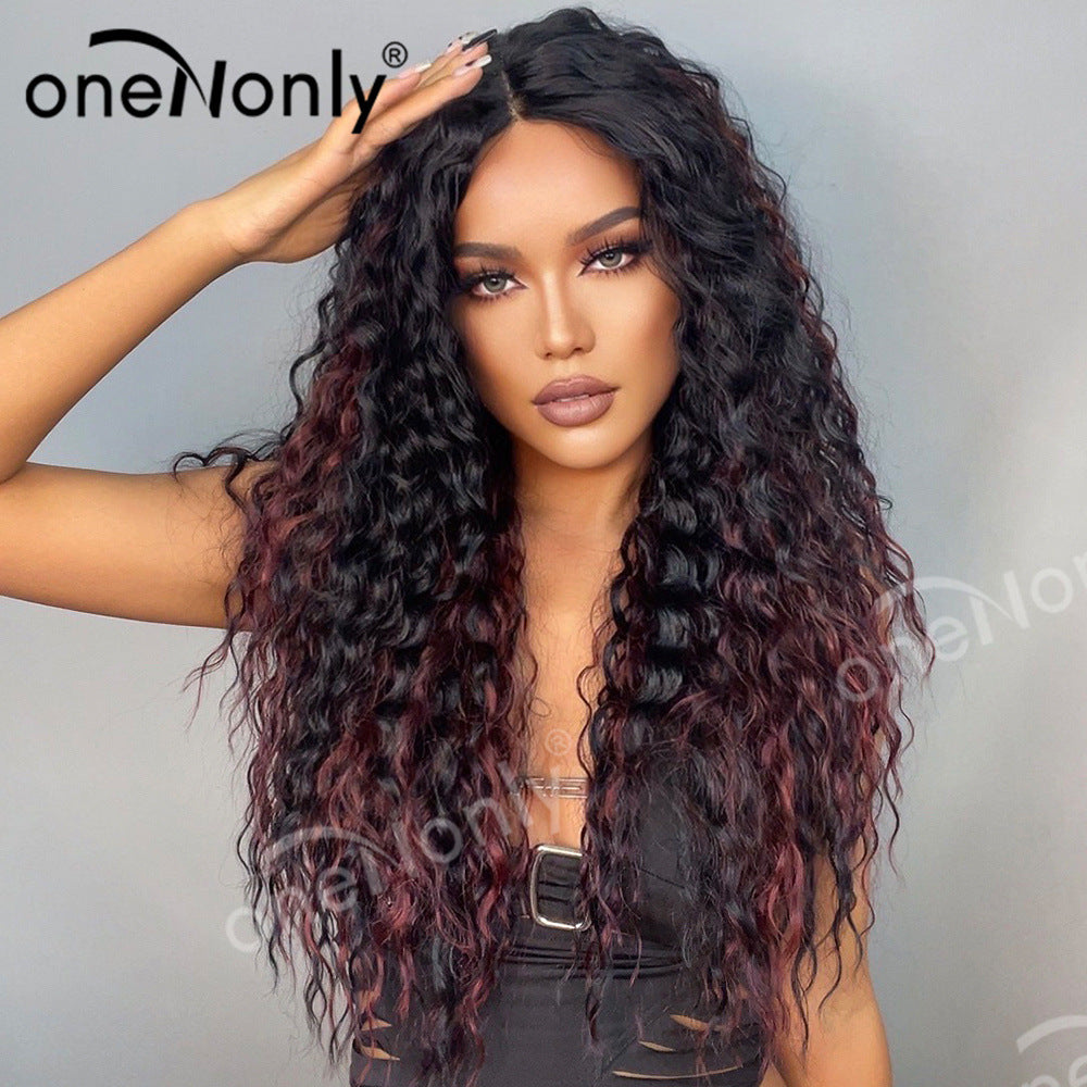 Wine Red Mixed Color Front Lace Wigs With Small Curly Wig Long Curls