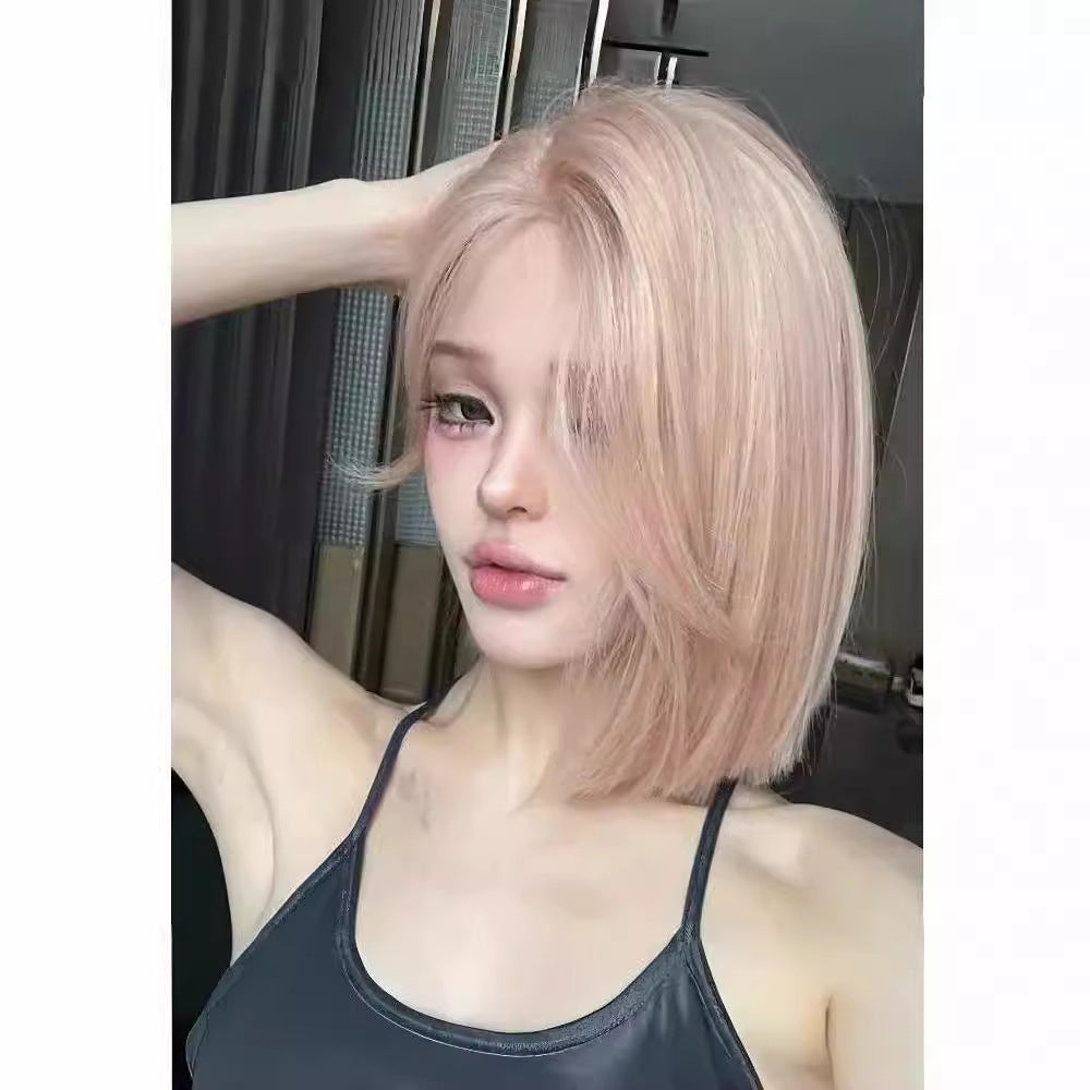 Women's Pink Golden Mid-length Bangs Short Hair Summer Barbie Korean Daily Other Wig