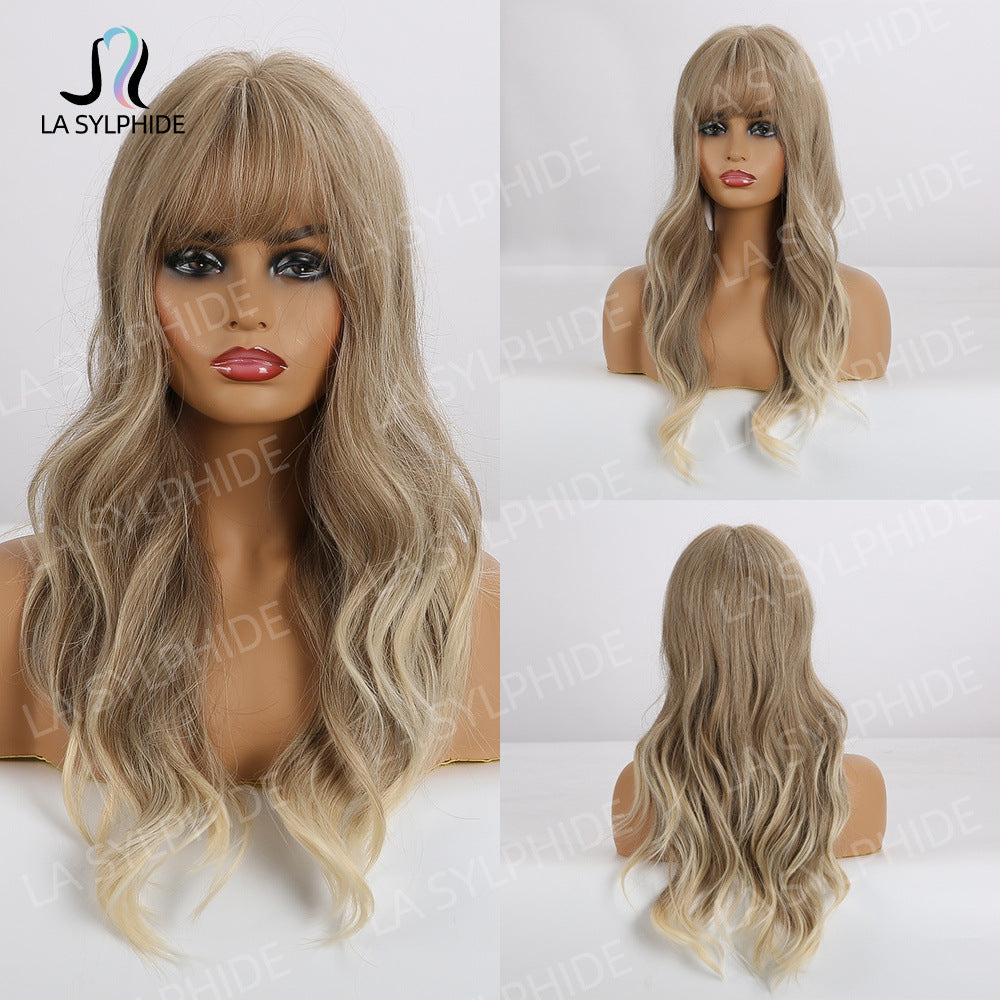 Female Mechanism Synthetic Wigs Golden Gray Bangs Curly Wig Long Curls
