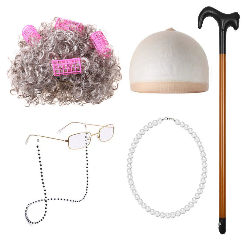 School Day Old Grandma Grandpa Crutches Lady Cos Wig