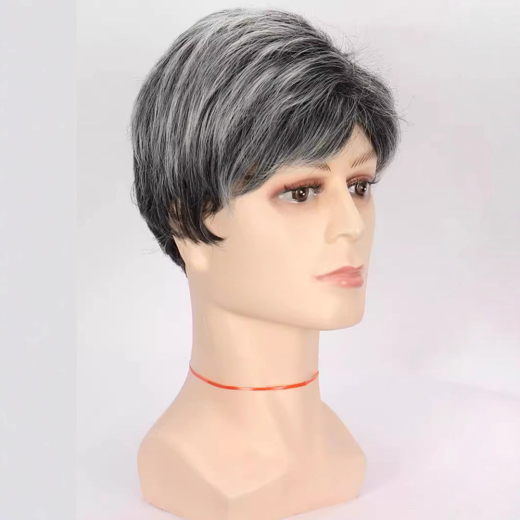 Men's Short Hair Curly Head Cover Fiber Rose Net Granny Men's Wig