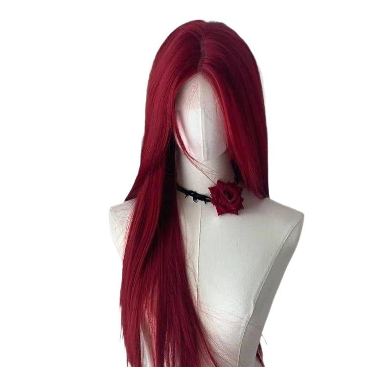 Women's Medium Thin Natural Sheath Points Raspberry Straight Wig Long Curls