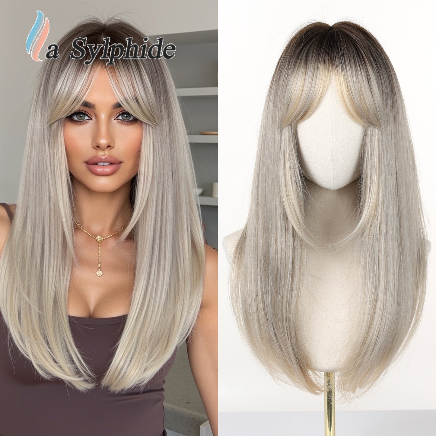 Hair Seam Gradient Golden Partial Rose Net Head Cover Chemical Long Straight Wig