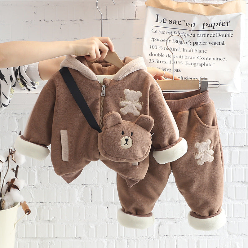 Children's Thickened Set Winter Boys Cartoon Hooded Shirt Two-piece Quilted To Children's Suit