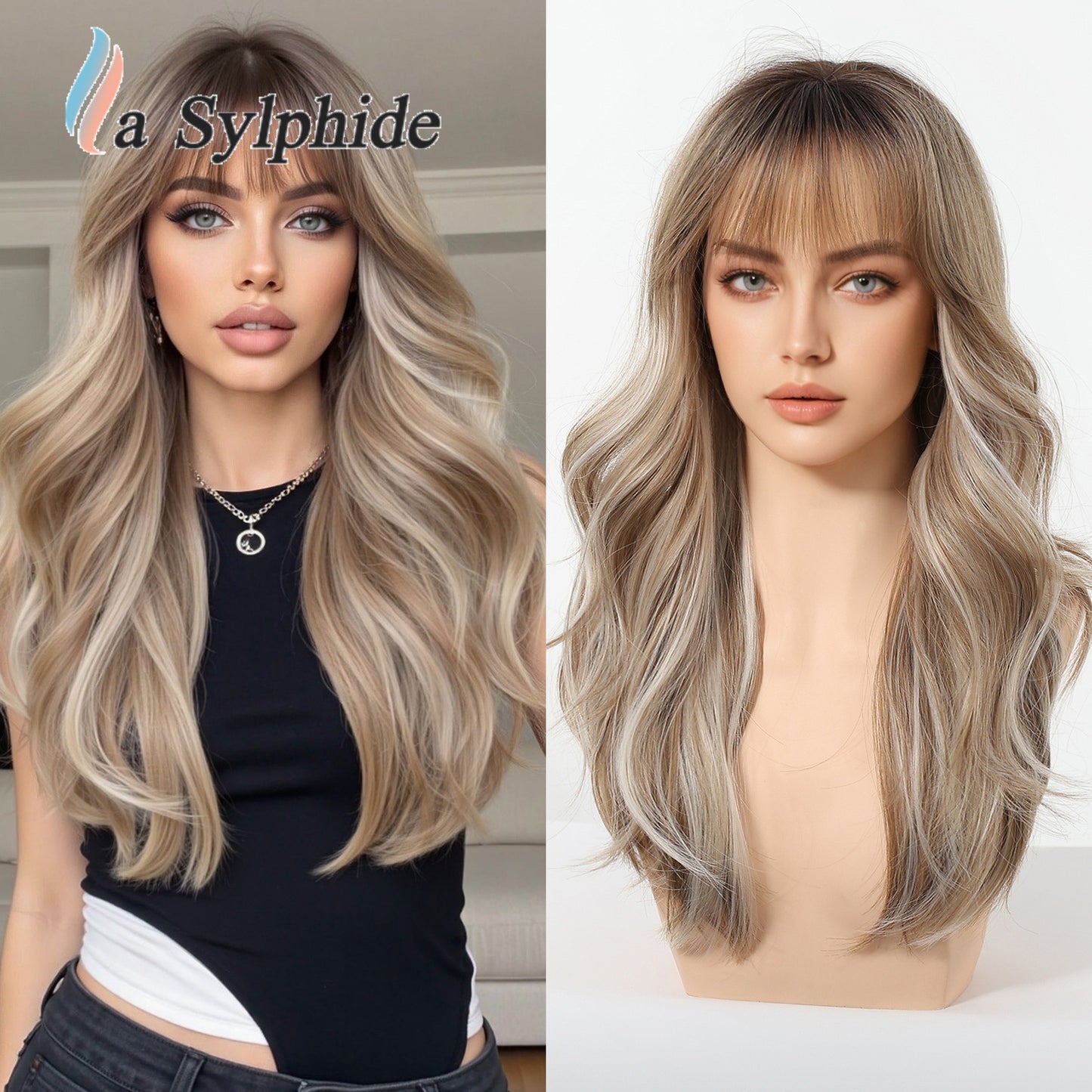 Straight Bangs Orange Rose Net Flip Natural Soft Fashion Large Wig Long Curls