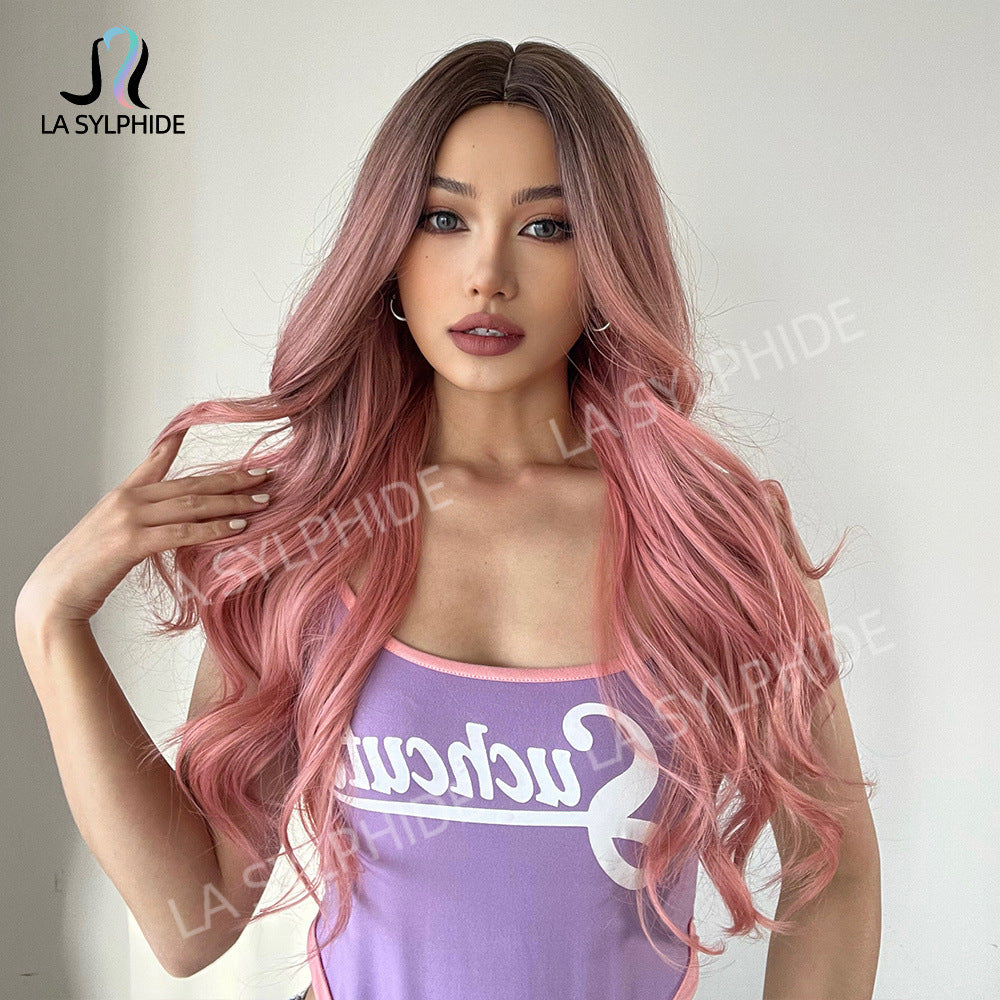 Women's Chemical Fiber Medium Curly Hair Pink Wig Long Curls