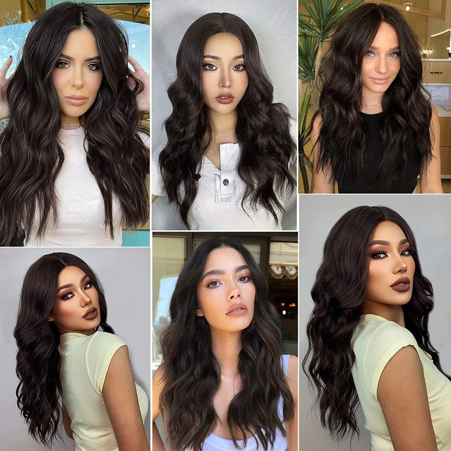 Women's Medium Large Wavy Curly Fluffy Brown Hair African Synthetic Wig Long Curls