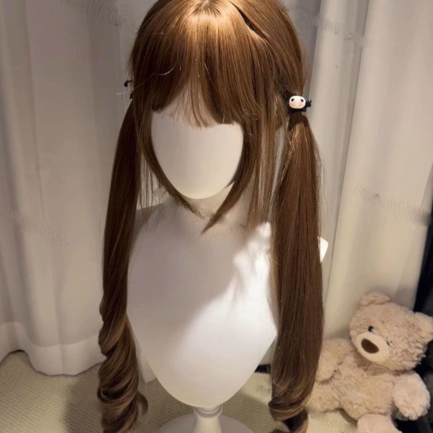 Women's Autumn Double Ponytail Curly Hair With Sideburns Cute Natural Wig Long Curls
