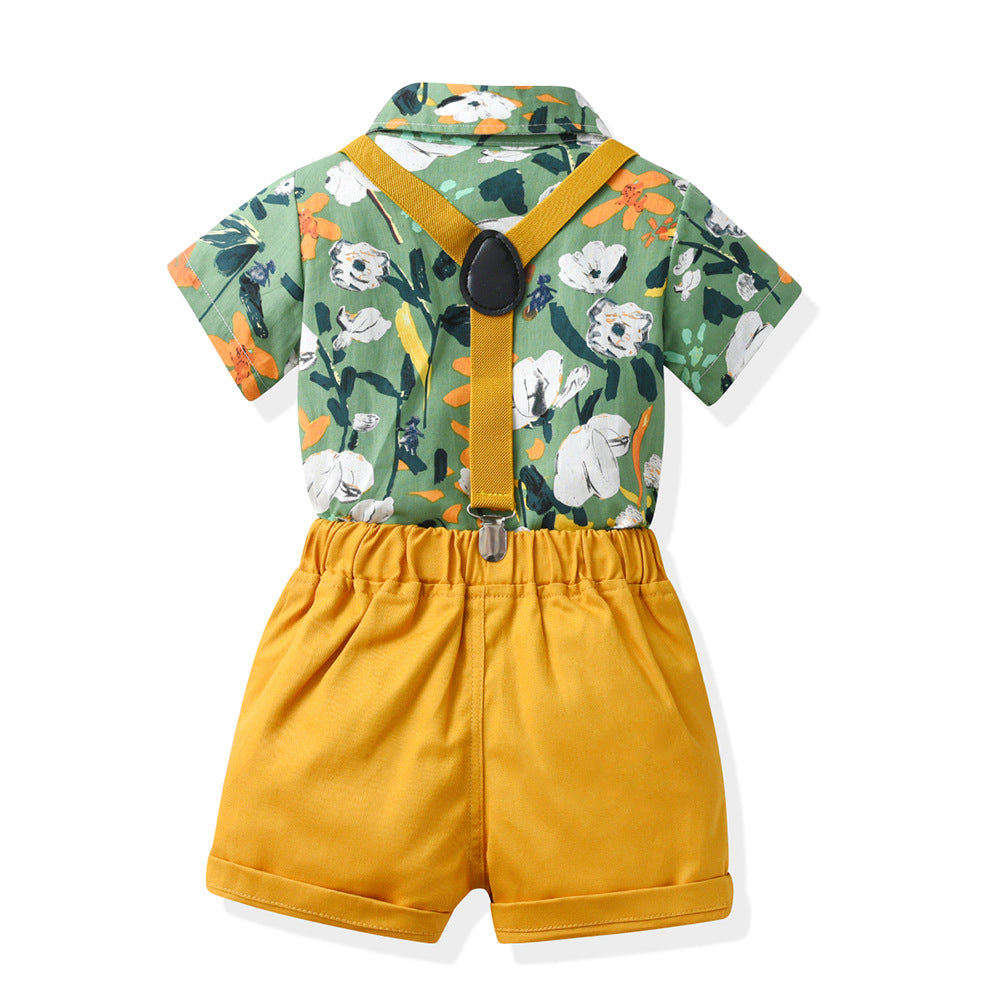Children's Summer Clothing Short-sleeved Cotton Shirt Suspender Pants One Year Old Children's Suit