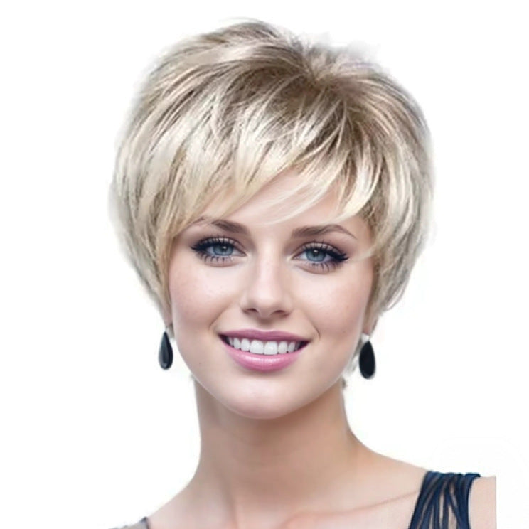 Women's Fluffy Gradient Gray White Side Bangs Rose Net Wig Short Straight Hair