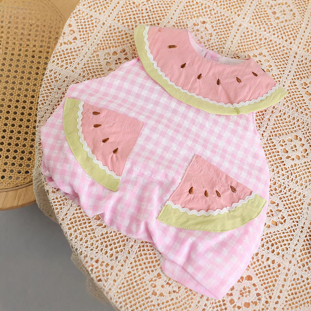 Cute Sweet Watermelon Sleeveless White Pink Plaid Triangle Going Jumpsuit, Climbing Suit