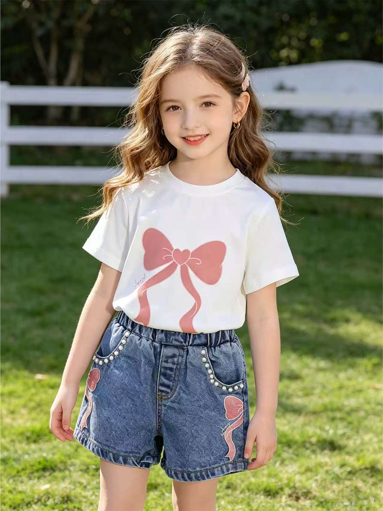 Neck Printed Knitted Top Denim Beaded Embroidered Jeans Children's Suit