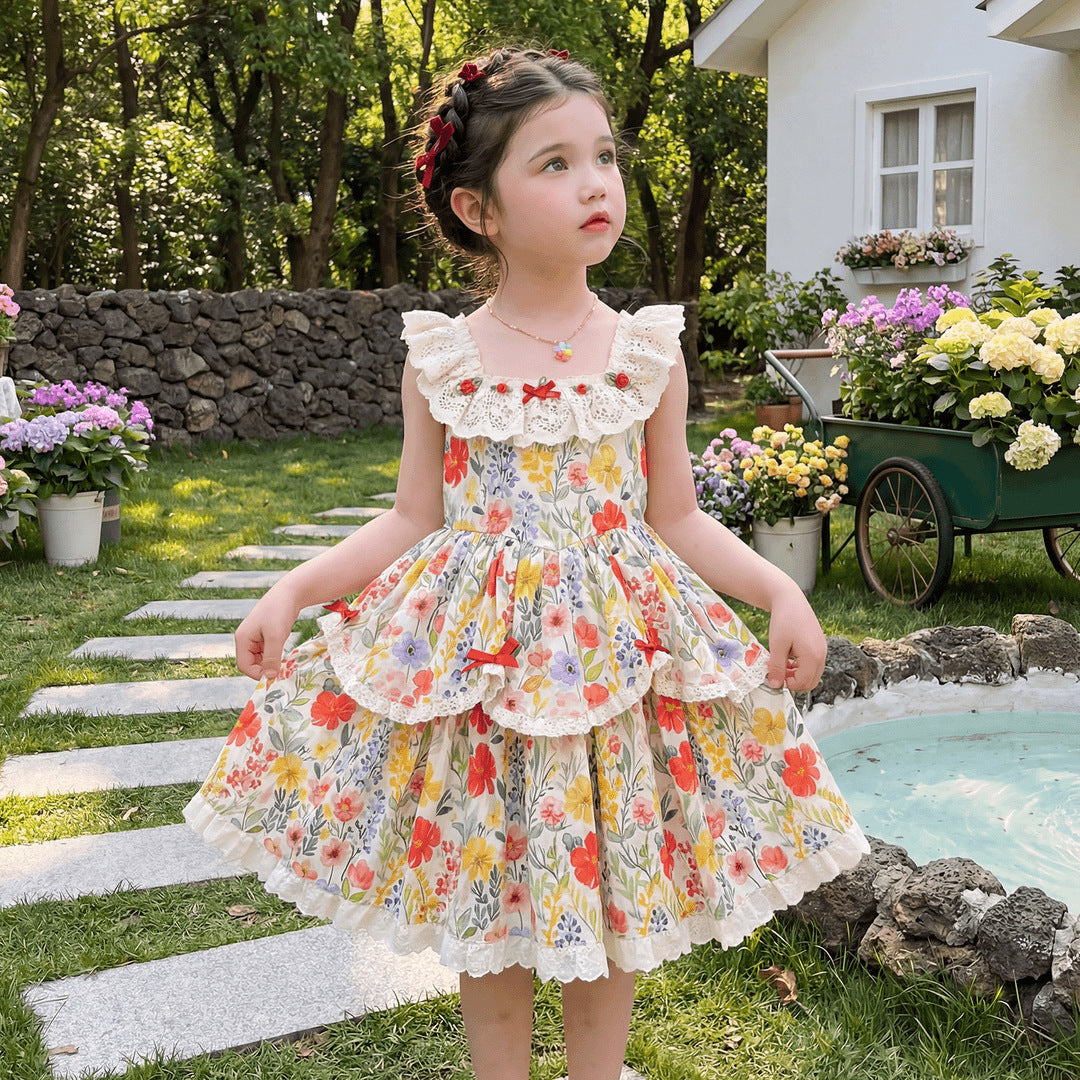 Children's Summer Floral Lace Pastoral Style Cotton Skirt Little Children's Dress