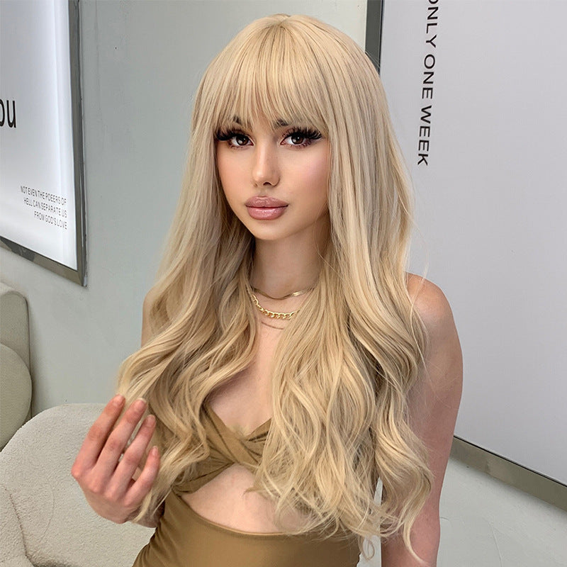 Women's Golden Bangs Big Wave Curly Hair Mechanism Wig Long Curls