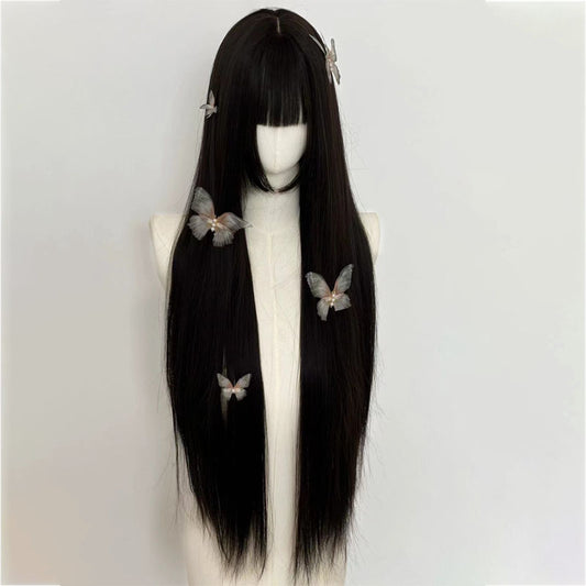 Female Natural Sideburns Bangs Hair Dark Brown Simulation Daily Lolita Long Straight Wig