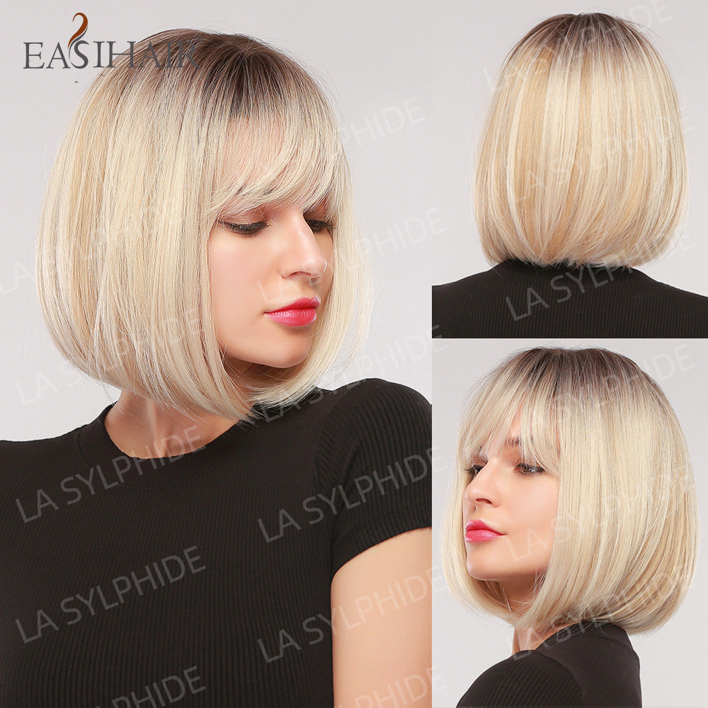 Female Brown Gradient Golden Mechanism Fiber Wig Short Straight Hair