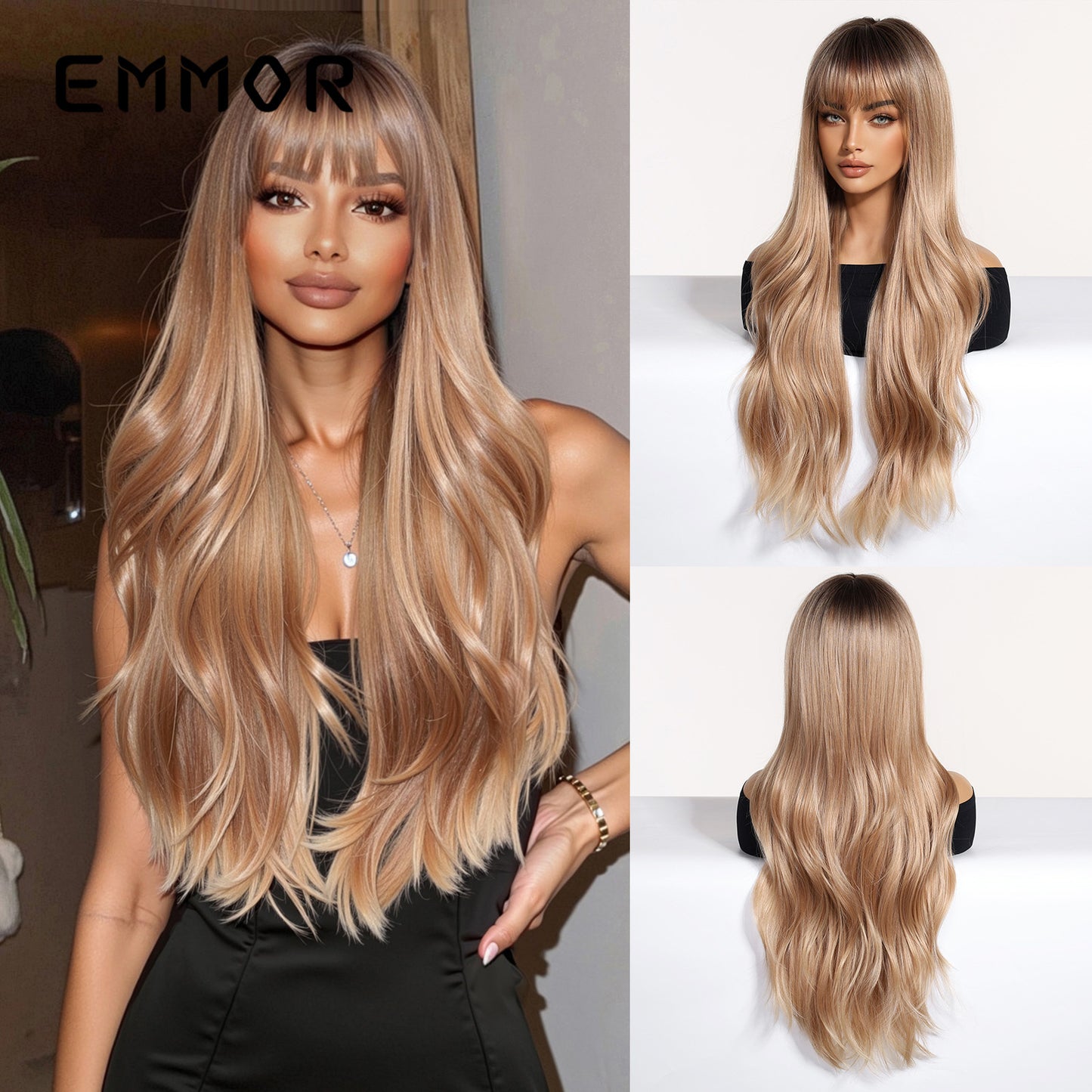 Female Gradient Pink Air Bangs Curly Hair Matte Fiber Wig Long Curls