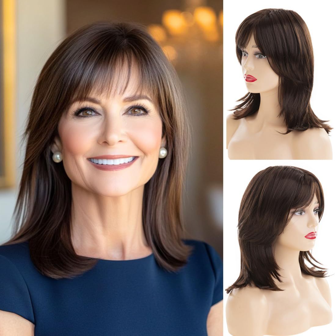 Women's Brown Fashion Synthetic Wigs Partial Medium Wig Short Straight Hair