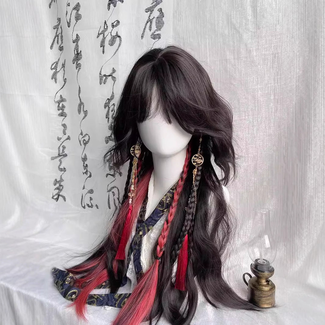 Red Dust Rolled Female Black Dyed Small Jellyfish Head Ancient Wig Long Curls