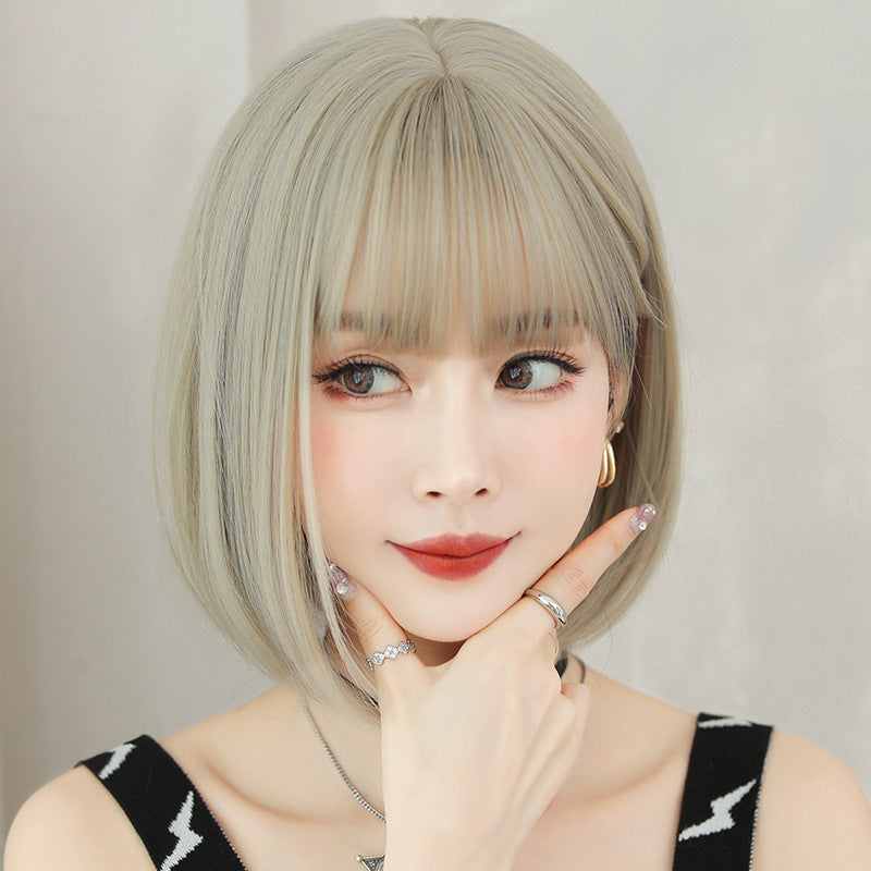 Women's Beige Brown Inner Buckle Full Top Round Wig Short Straight Hair
