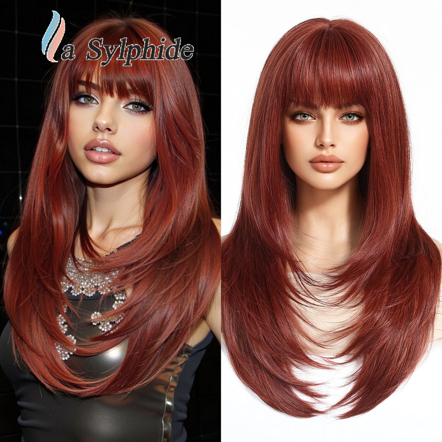 Bangs Summer Level Red Hair Rose Net Long Straight Wig