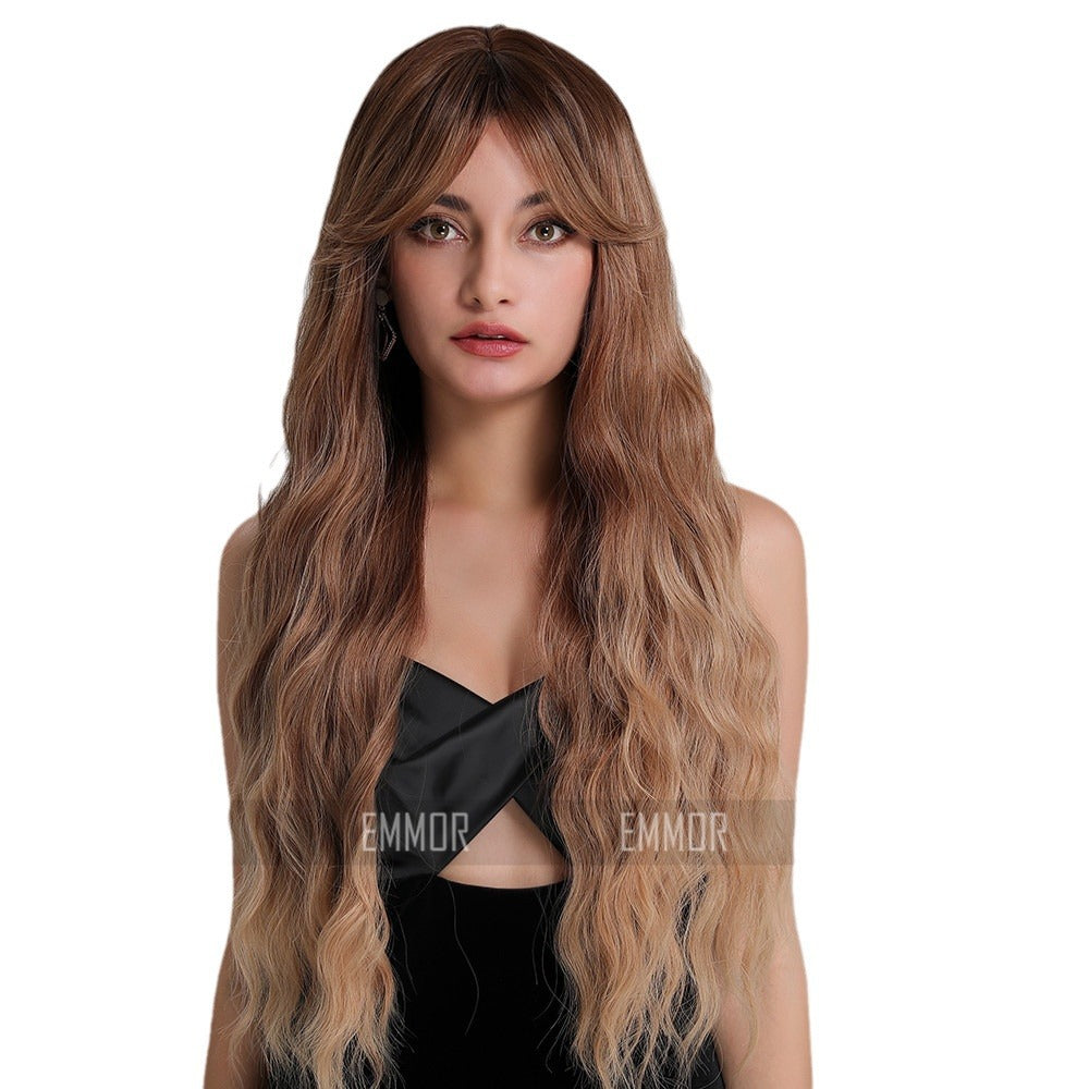 Women's Elegant Bangs Brown Curly Hair Fiber Synthetic Wig Long Curls
