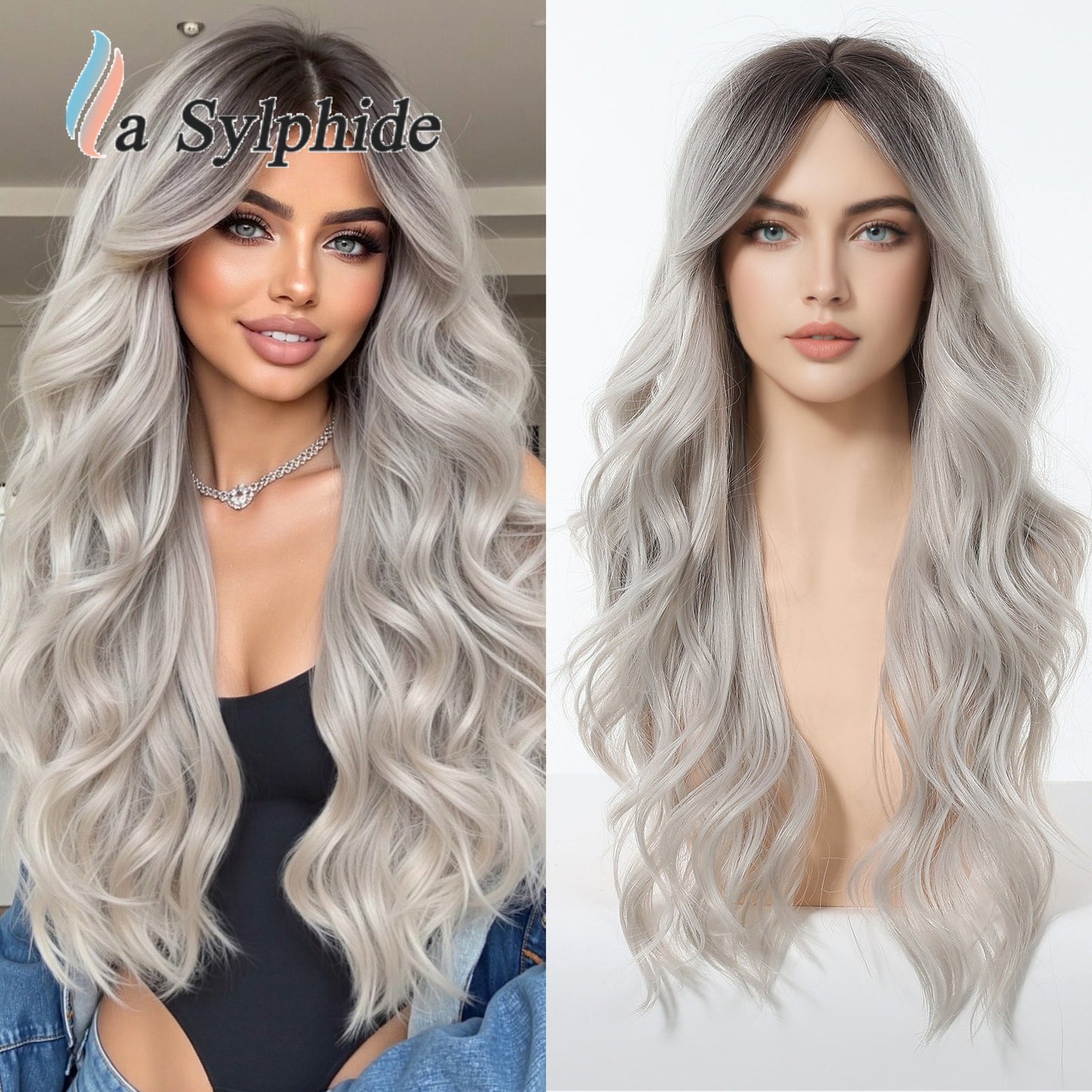 Women's Mid-length Bangs Gray White Head Cover Chemical Fiber Curly Hair Wig Long Curls